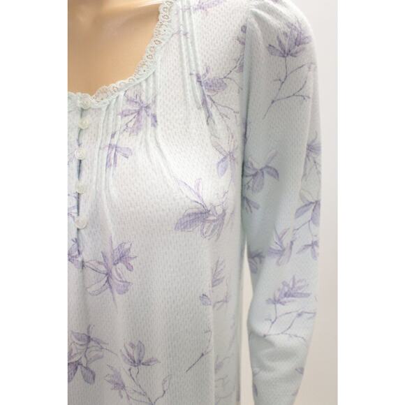 Miss Elaine Womens XL Nightgown Aqua Floral Pointelle Knit Nightgown Long Sleeve - Picture 5 of 8